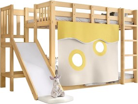 Łóżko piętrowe 90 x 200 cm – z zasłonkami i zjeżdżalnią – naturalne – materac nie jest wliczony w cenę