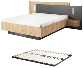 Łóżko z szafkami nocnymi 140 x 190 cm - 2 szuflady - Z oświetleniem LED - Kolory: Naturalny i antracytowy + Stelaż - FRANCOLI