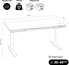 Biurko elektryczne sit-stand z szufladą i ładowarką bezprzewodową Qi czarne, 1400 mm: ELLIS