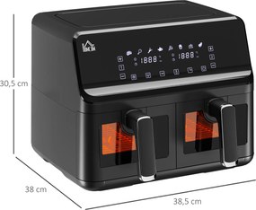 HOMCOM Frytkownica na gorące powietrze, 2 koszyki po 4 litry, 8 programów, światło, timer, 38,5 x 38 x 30,5 cm, Czarna