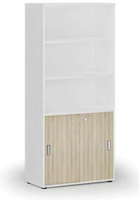 Szafa biurowa kombinowana PRIMO WHITE, drzwi przesuwne na 2 poziomach, 800 x 420 x 1781 mm, biały/dąb naturalny
