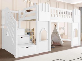 Łóżko na antresoli 90x200 cm - Ze schodkami z miejscem do przechowywania - Z dekoracyjnymi oknami - Z barierką zabezpieczającą - MDF - Biały