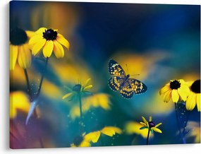 Obraz - Żółty motyl z kwiatami (70x50 cm)