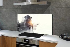 Szkło do Kuchni na Ścianę Postać na tle Panoramy Miasta