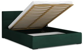 Ciemnozielone aksamitne tapicerowane łóżko dwuosobowe ze schowkiem ze stelażem 140x200 cm Hiko – Makamii