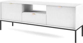 Stolik RTV Geriffelt NOVA, złote uchwyty, 2 drzwi, szuflada, półka, 154x56x39cm, czarna fasada, rama biała