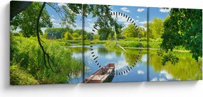 Obraz letniej rzeki z łodzią (z zegarem) (90x30 cm)