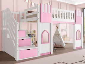 Łóżko na antresoli 90x200 cm - Ze schodkami z miejscem do przechowywania - Z dekoracyjnymi oknami - Z barierką zabezpieczającą - MDF - Biały + Różowy