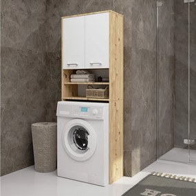 Słupek łazienkowy AKORD FIN do zabudowy pralki Dąb Artisan, Biały 64 cm wnęka 2 drzwi 4 półki 64x30x180 cm