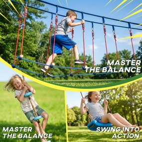 AIYAPLAY Ninja Line dla dzieci, zestaw 24 m Slackline z pierścieniami gimnastycznymi, 7 przeszkodami, mostem do balansowania, dla dzieci w wieku 3-6 lat, czerwony+niebieski | Aosom PL