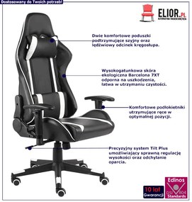 Czarno-białe krzesło gamingowe obrotowe - Baxton