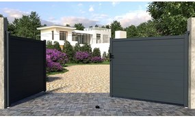 Brama wjazdowa rozwierna NAZARIO, pełna, z aluminium w kolorze antracytowym – 392 × 158 cm (szer. × wys.)