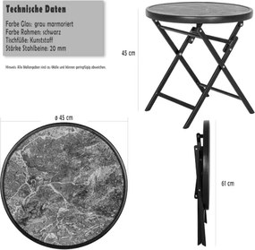 Składany stolik balkonowy ze szkła i stali, 45 cm, czarny