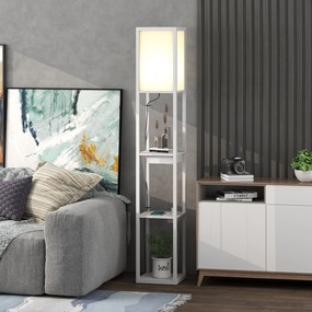 HOMCOM Lampa stojąca z 3-poziomowym regałem, przełącznik nożny, porty USB, MDF, Biała | Aosom PL