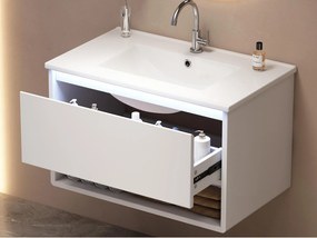 Wiszący mebel łazienkowy 76x46x45 cm - z ceramiczna umywalką - 1 szuflada i otwarte półki - z LED - Biały