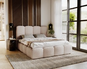 Emporius Merkad Boucle łóżko tapicerowane 180x200 - łóżko z pojemnikiem, gruba pianka, stelaż - elegancki design, tkanina boucle, beżowy (Anthology 3)