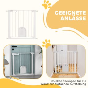 PawHut bramka dla zwierząt, regulowana, z małymi drzwiczkami, metal, plastik, biały