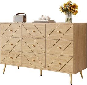 Nowoczesna komoda 9-szufladowa na metalowych nogach - 120 x 39 x 80 cm - solidna konstrukcja - płyta wiórowa - kolor naturalny