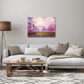 Obraz na szkle - różowe drzewa z jeziorem (70x50 cm)
