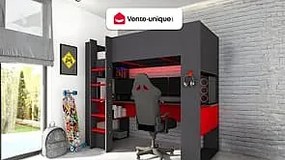 Łóżko z antresolą gamer NOAH, z biurkiem i ze skrzynią  – 90 × 200 cm – z oświetleniem LED – kolor antracytowy i czerwony