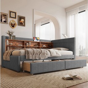 Sofa dziecięca rozkładana - 90 x 200 cm - z 2 szufladami + USB + schowkiem - len - szara