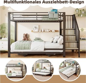 Łóżko piętrowe dla dzieci - 90 x 200 cm + 90(180) x 200 cm - rama żelazna - łóżko wysuwane - drabinka ze schowkiem - metal - czarne