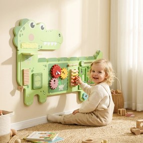 AIYAPLAY Montessori tablica motoryczna drewniana Busy Board Dinozaur ścienna z ksylofonem, zegarem, zębatkami i listwami dźwiękowymi | Aosom PL