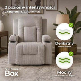Fotel Masujący BOX Rozkładany Wypoczynkowy z Podnóżkiem Szary Sztruksowy Nowoczesny