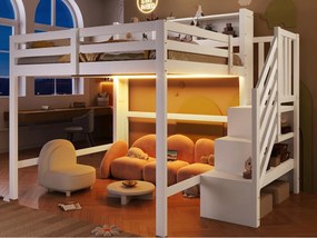 Łóżko na antresoli 140x200cm - z oświetleniem LED - z drabiną z pojemnikami - Biały​ (materac nie jest wliczony w cenę)