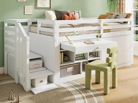 Wielofunkcyjne pojedyncze łóżko dziecięce z litego drewna - z miejscem do przechowywania, drabinką i wysuwanym stolikiem - 90x200cm - Białe