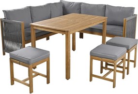Zestaw mebli ogrodowych modułowych z drewna akacjowego: 1 sofa 3-osobowa + 1 sofa 2-osobowa + 3 stołki + 1 stół - Szary + naturalny
