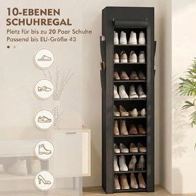 HOMCOM Regał na buty z metalu z materiałowym pokryciem chroniącym przed kurzem, do 20 par butów, 45 x 30 x 175 cm, Czarny | Aosom PL