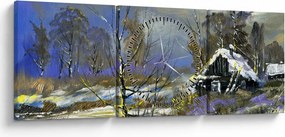 Obraz chaty w zimowym krajobrazie, obraz olejny (z zegarem) (90x30 cm)