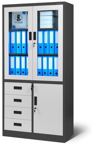 Biurowa przeszklona szafa metalowa na akta z szufladami WIOLA, 900 x 1850 x 400 mm, antracytowo-biała