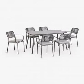 Zestaw Stołu Prostokątnego 160x90 Cm I 6 Sztaplowanych Krzeseł Jadalnianych Z Plecionej Liny Arhiza Grafitowa Szarość - Sklum