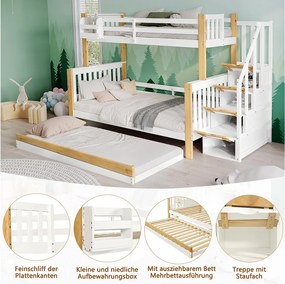 Łóżka piętrowe 120 x 200 cm + 90 x 200 cm z łóżkiem wysuwanym 90 x 190 cm - 4 szuflady i drążki - Drewno lite + MDF - Biały + naturalny