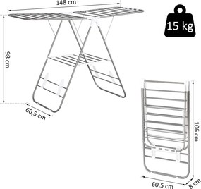 Składana suszarka do ubrań HOMCOM, przenośny suszarka na skrzydła, suszarka stojąca z teleskopowymi drążkami, stal nierdzewna, plastik, Srebrny, Biały, 60,5 x 148 x 98 cm