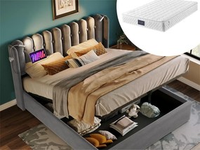 Łóżko ze schowkiem 140 x 200 cm - lampka do czytania i USB - tkanina lniana - kolor szary + materac