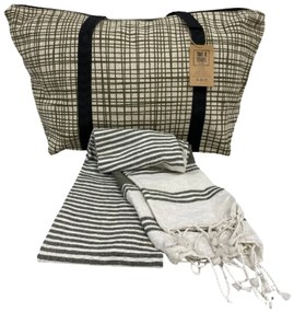 Stylowy zestaw torby plażowej + ręcznika HAMAM 75x150 cm, khaki, 100% bawełna organiczna