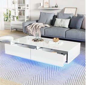 Nowoczesny stolik kawowy z połyskiem i 2 szufladami - 115 x 55 x 34 cm - diody LED - płyta wiórowa - czarny