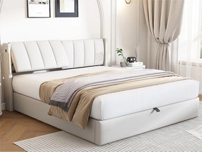 Łóżko z tapicerowanym zagłówkiem z ekoskóry - 140x200cm - z portem USB i LED - zagłówek z regulowanym kątem - Biały