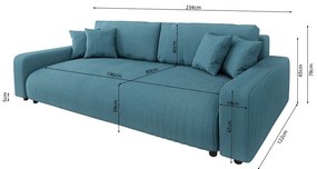 Turkusowa sztruksowa rozkładana sofa ze schowkiem 234 cm Sara – Ropez