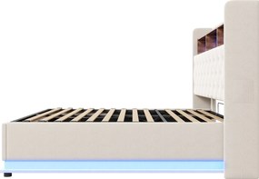 Łóżko z pojemnikiem 180 x 200 cm i zagłówkiem ze schowkiem - ładowanie przez USB i diody LED - tkanina lniana - beż