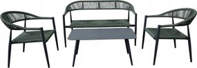 Zestaw mebli ogrodowych ciemnozielony, szara rama, ławka, 2 krzesła, stolik