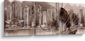 Obraz - Victoria Harbor, Hongkong, efekt sepii (z zegarem) (90x30 cm)