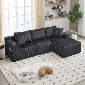 Modułowa Sofa Narożna 3-osobowa, z Korbu, z Uchwytem na Napoje, Poduszkami i Bocznymi Kieszeniami, Leżanka 118cm, Szary