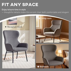 HOMCOM Nowoczesny Fotel Tapicerowany w Stylu Uszatego, Wysokie Oparcie, Grube Wypełnienie, Nogi Metalowe, Szary