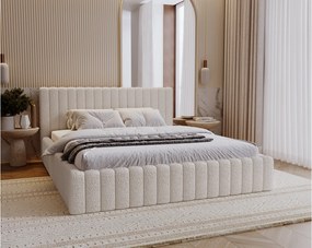 Emporius Billo łóżko tapicerowane 180x200 cm - łóżko dwusobowe, pojemnik i stelażem w zestawie - nowoczesne łóżko 180 x 200 - boucle, łóżko kremowe (Anthology 1)