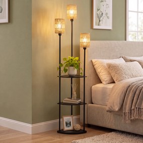 HOMCOM Lampa stojąca Boho 3-płomienna, 3 półki, klosz z papierowego sznura, czarna | Aosom PL