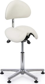 Taboret roboczy z oparciem ARDO, siedzisko w kształcie siodła, na ślizgaczach, biała